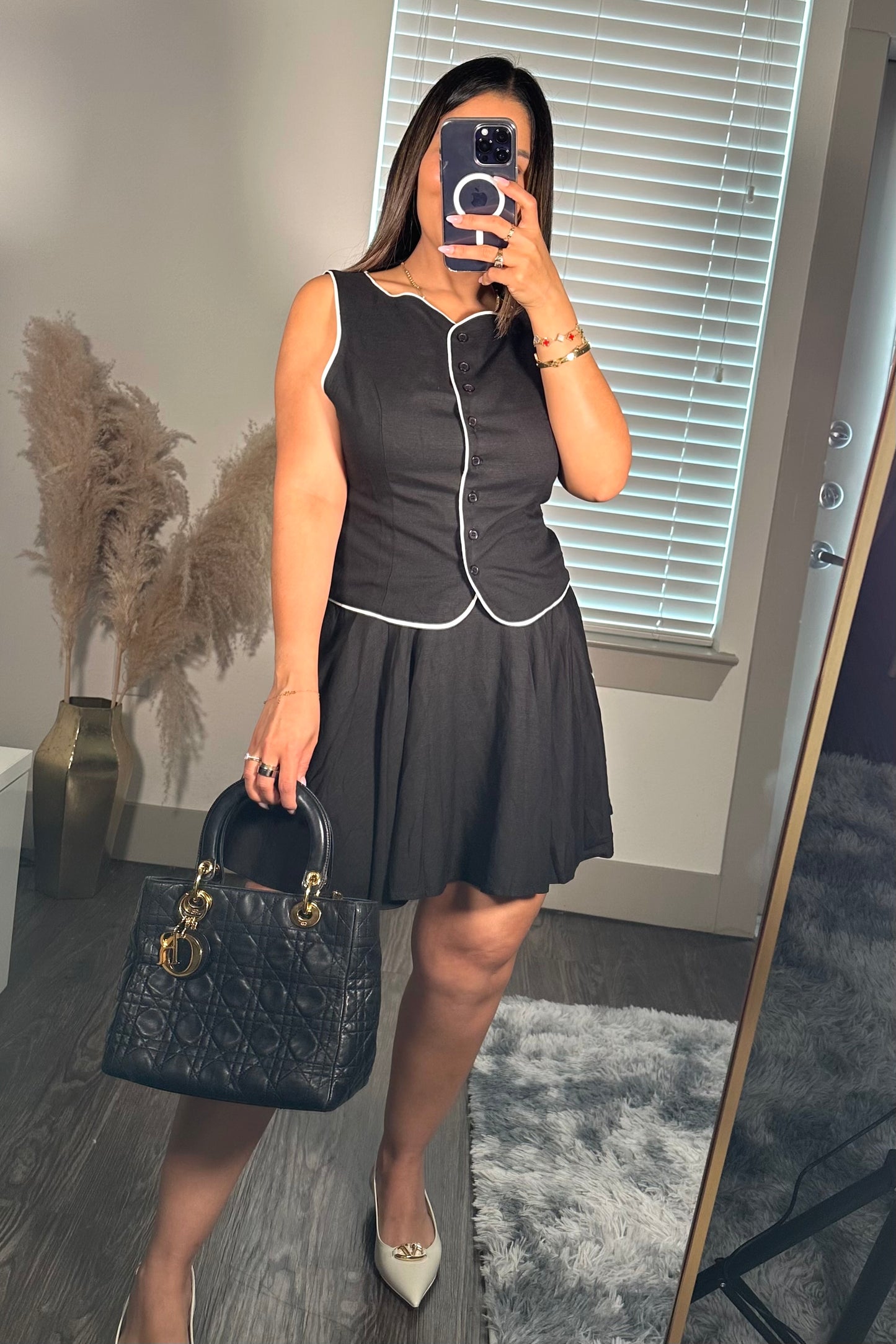 Linen vest and skort with piping trim - black