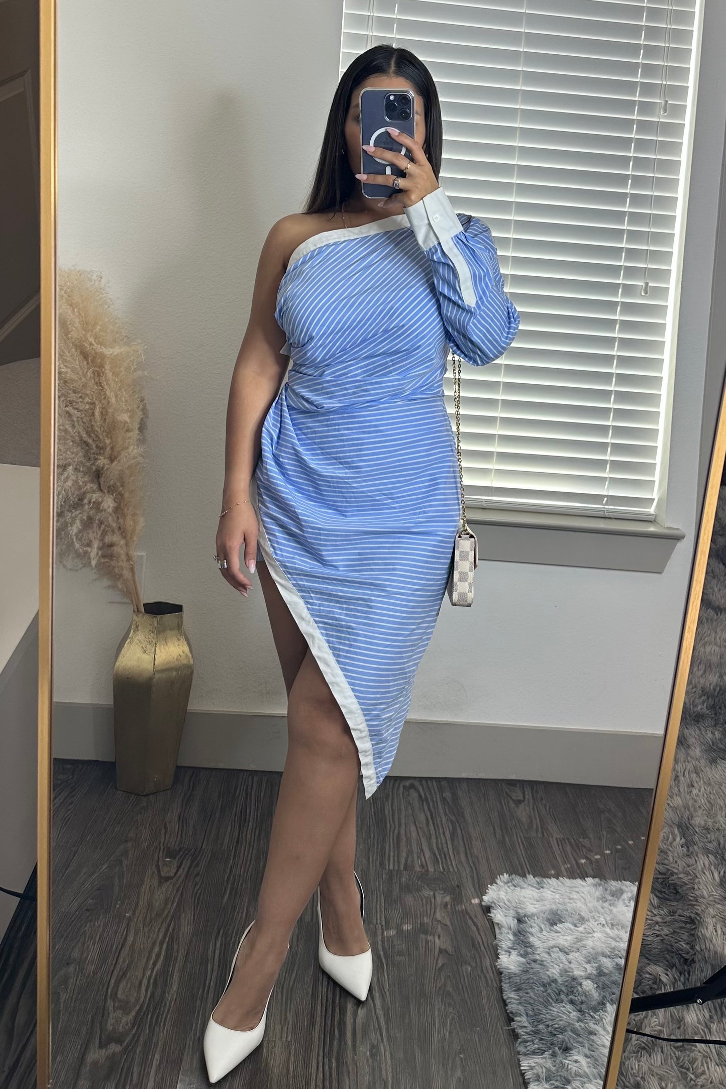 stripe asymetrica mini dress blue