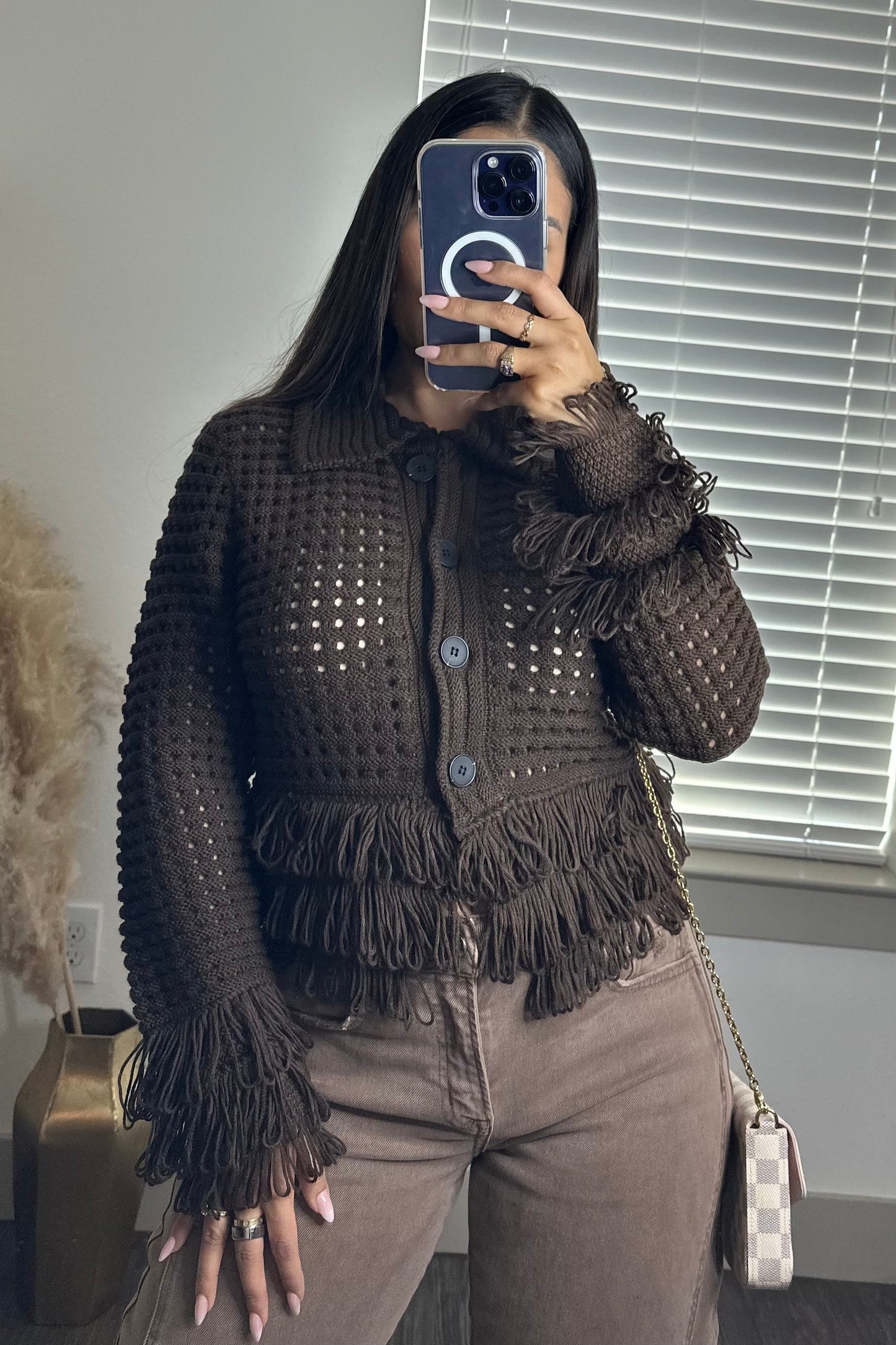 Fringe knit cardigan brown