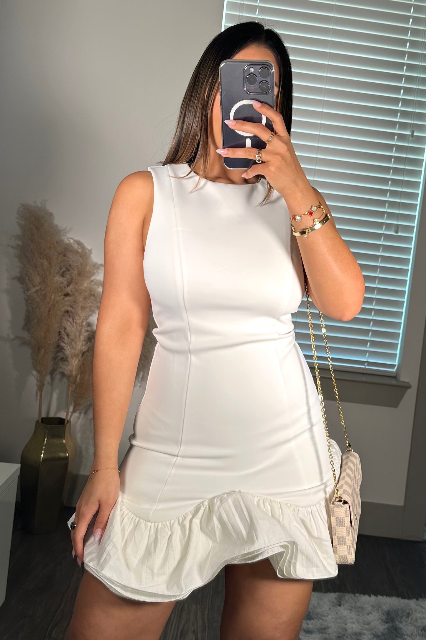 Flutter ruffle hem mini dress off white