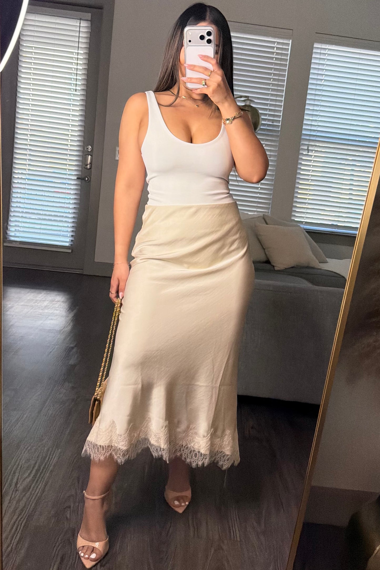 Satin lace midi skirt cream