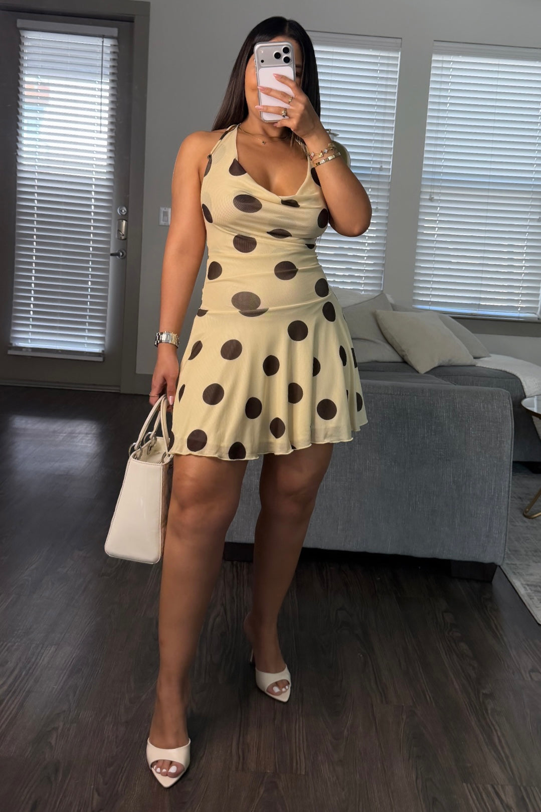 Polka dot cowl mini dress