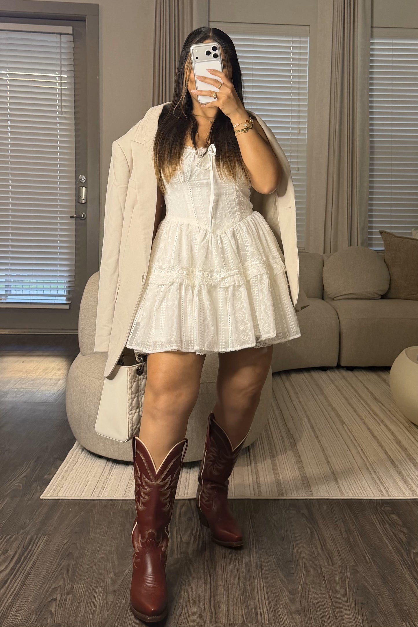Eyelet lace coset mini dress ivory