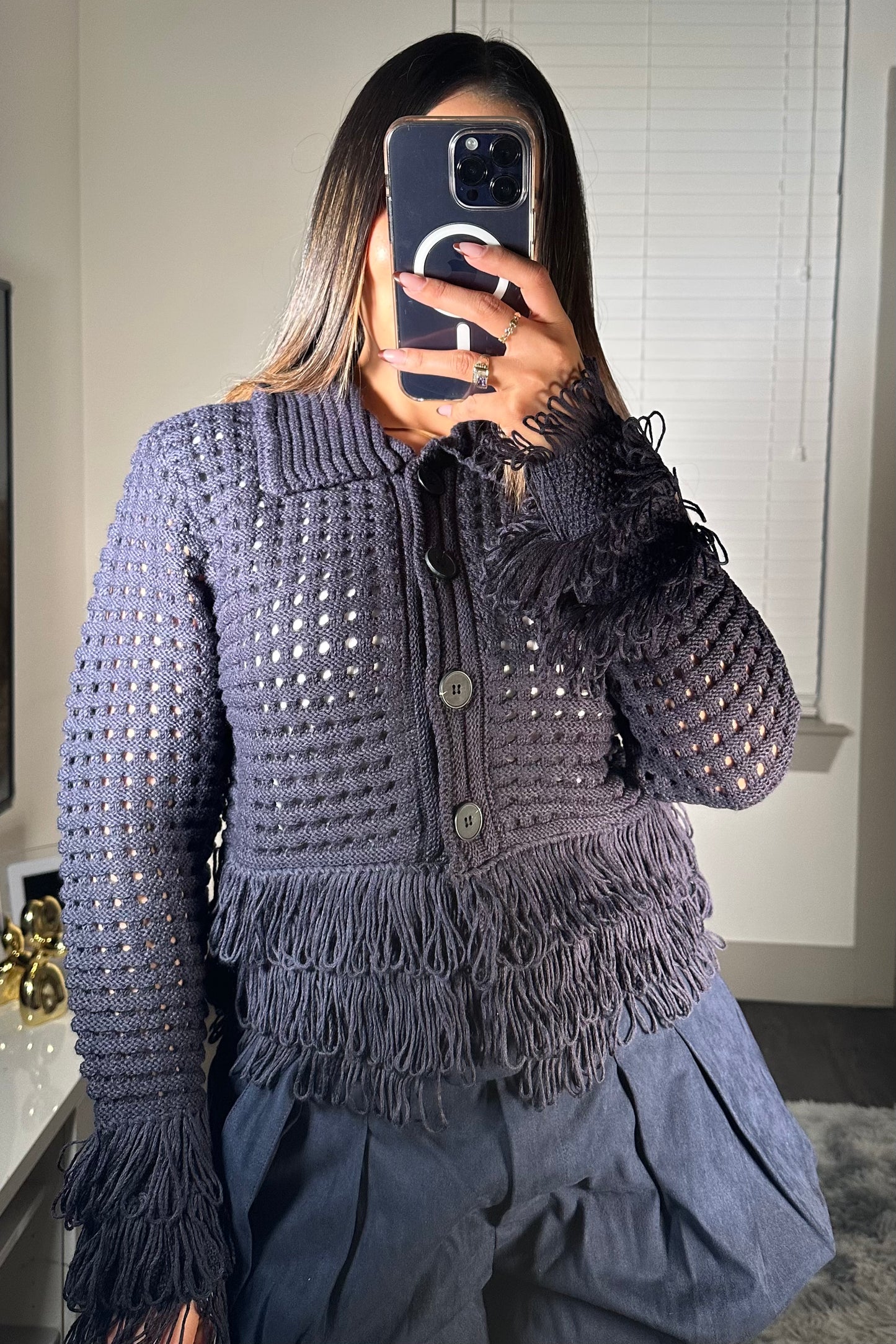 Fringe Detailed navy Cardigan