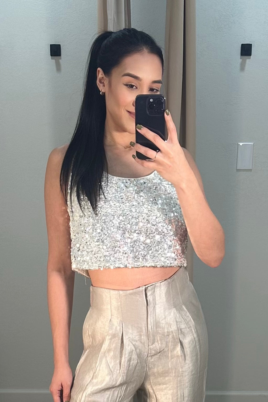 Cropped beads tank top ivory