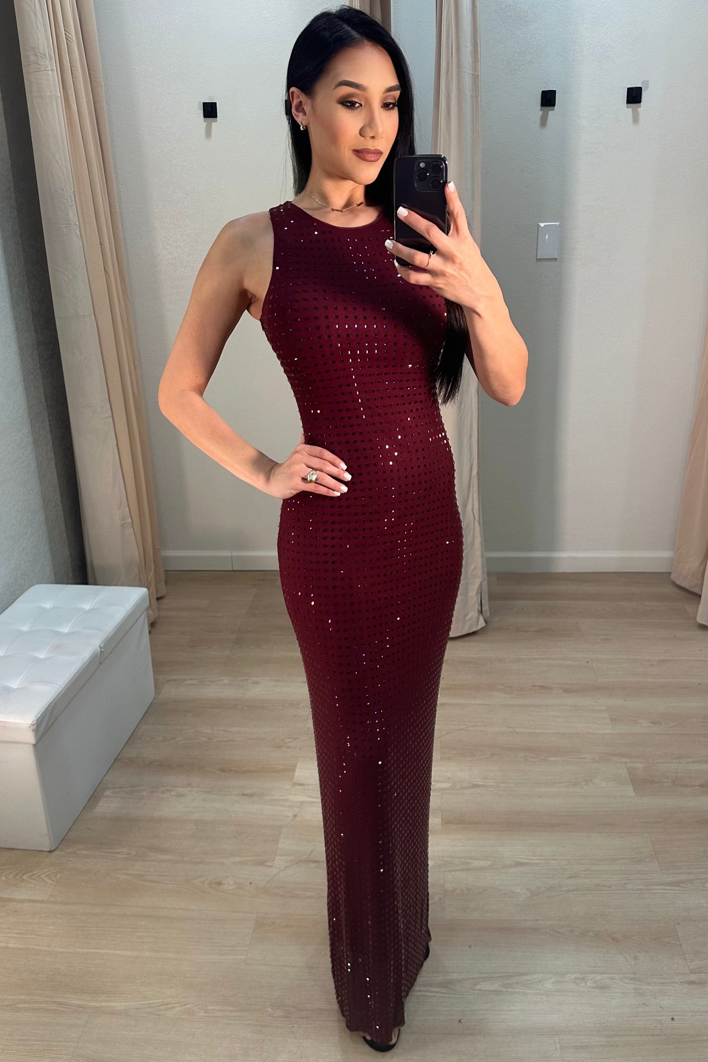 Rhinestones mesh burgundy maxi dress