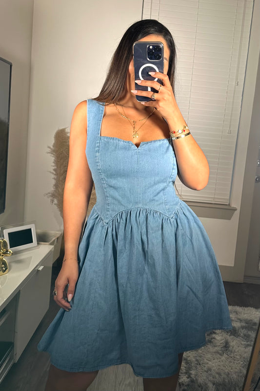 Lace up back denim mini dress