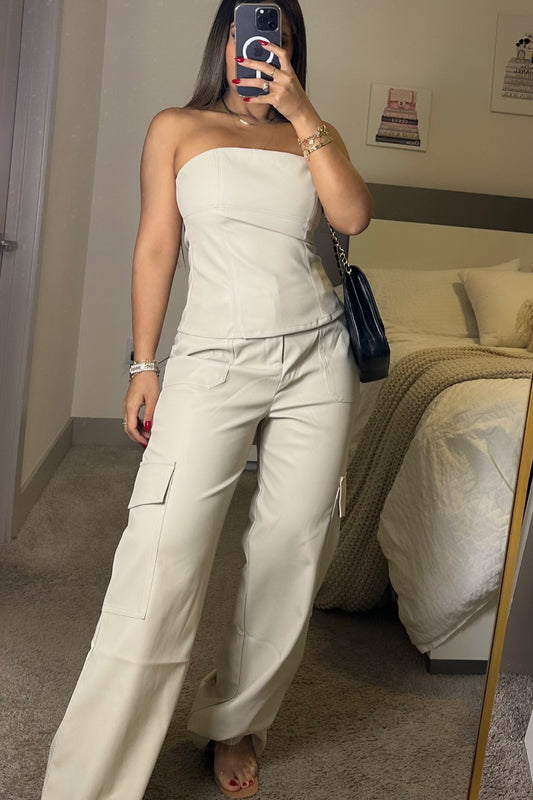 Leather cargo pants with tube top cream