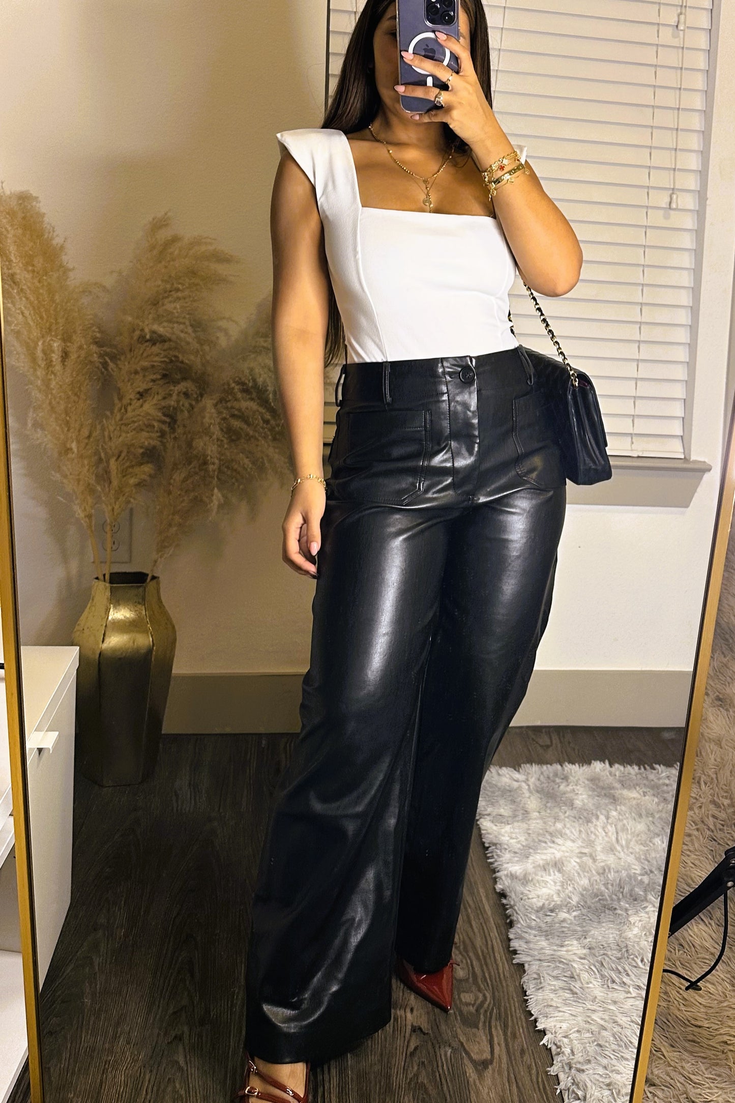 Cropped wide lef leather pant black