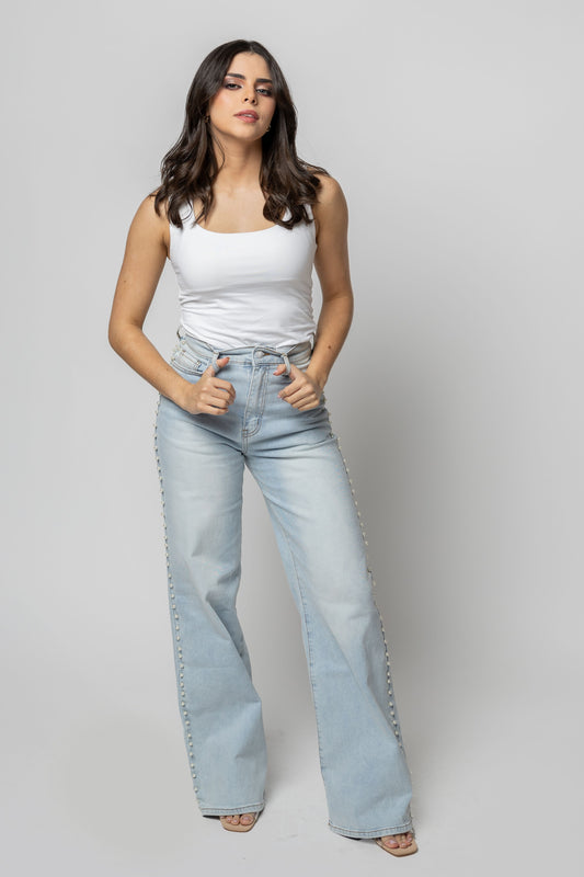 Denim pants with pearls