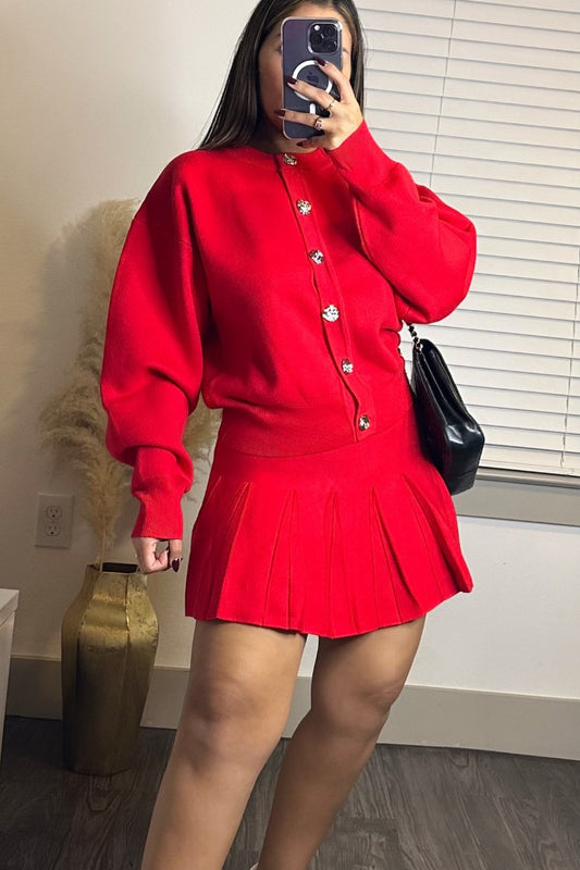 Long sleeve Cardigan and mini skirt red