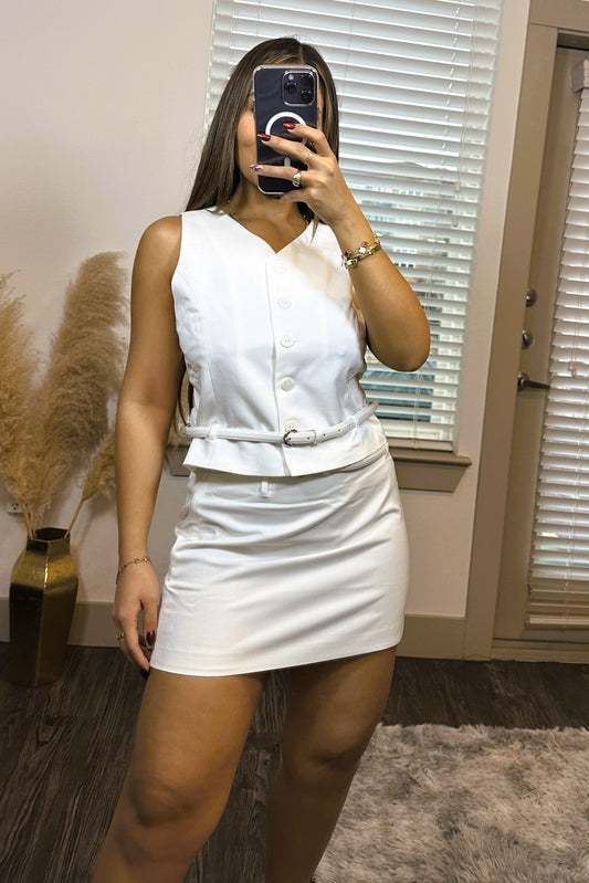 Belted mini skirt and vest top white