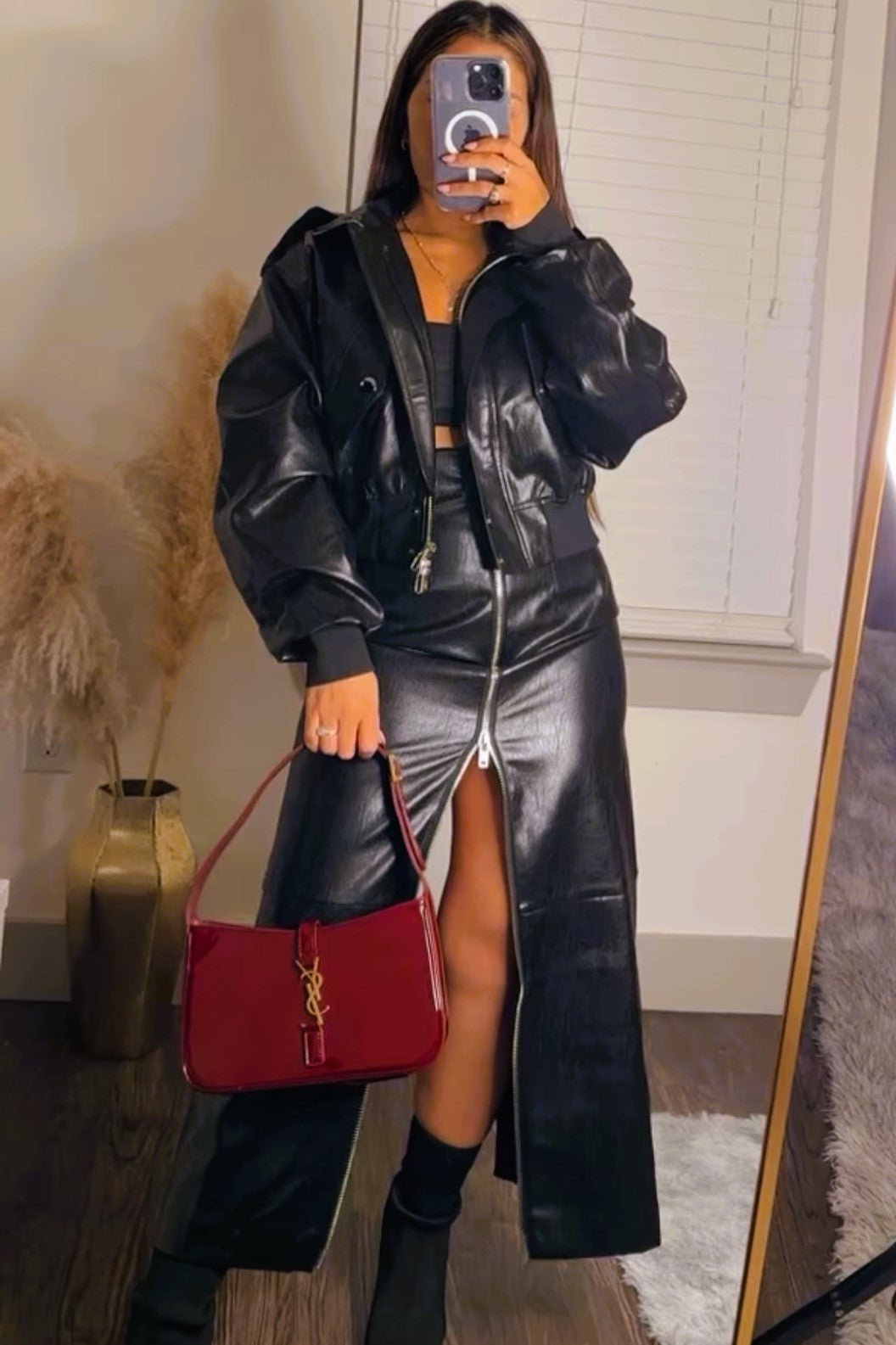 Leather zipper long skirt with bomber jacket