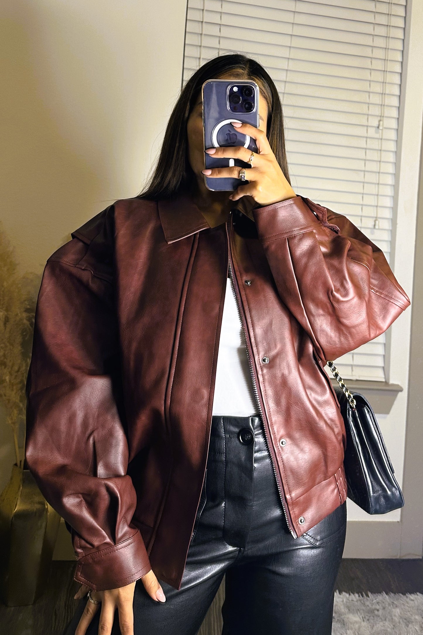 Leather over size bomber jacket burgundy