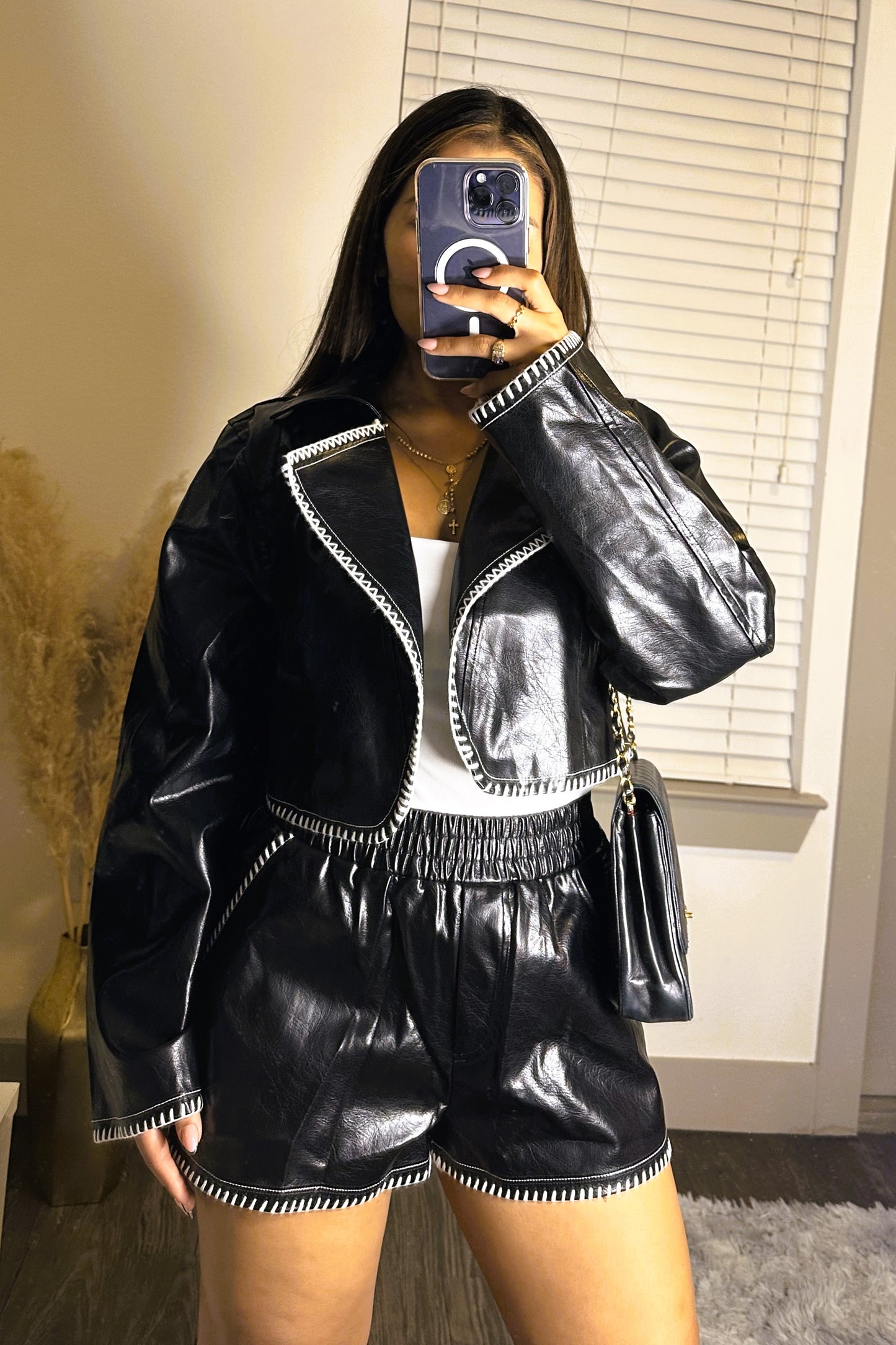 Contrast leather jacket and short