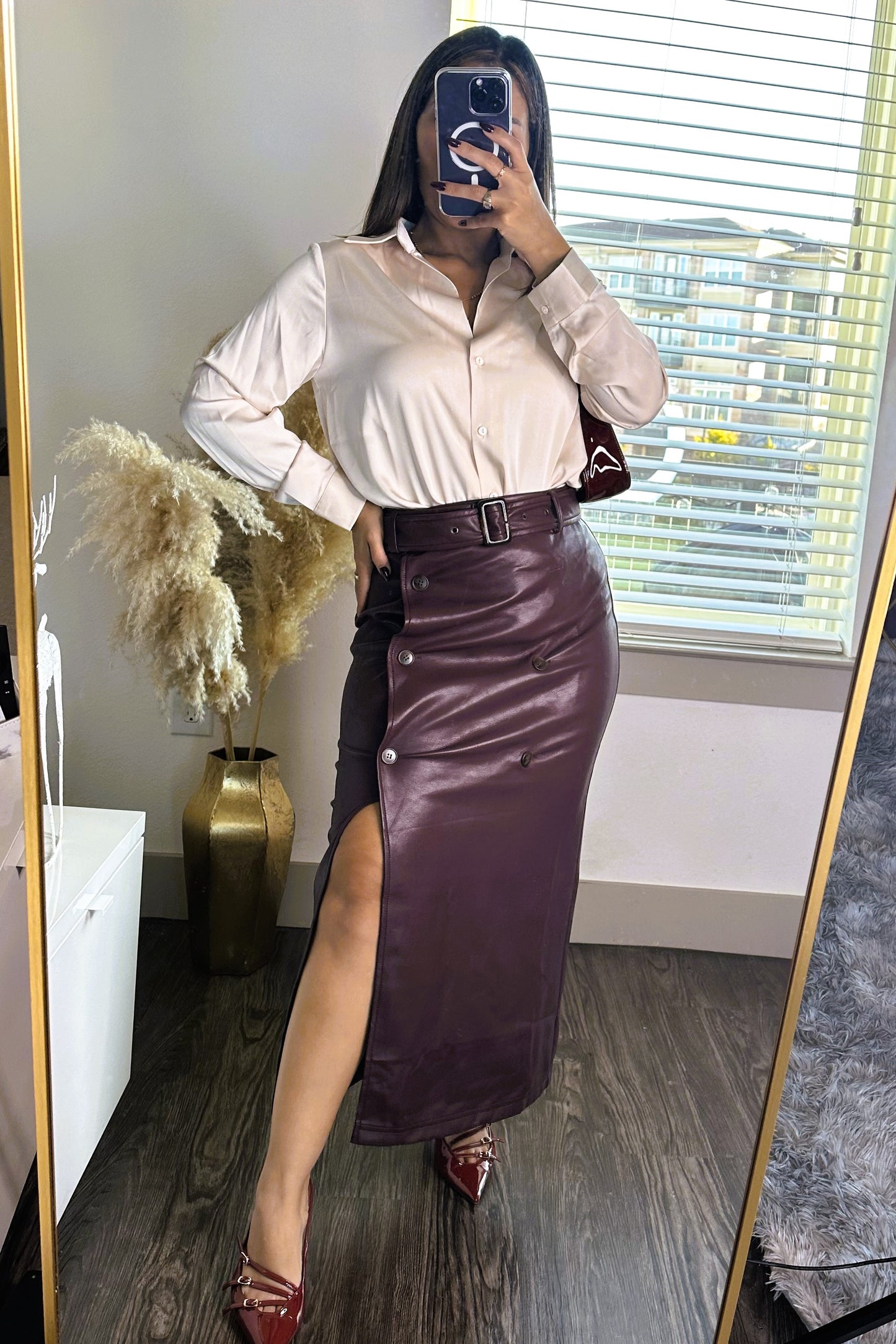 Plum leather midi skirt