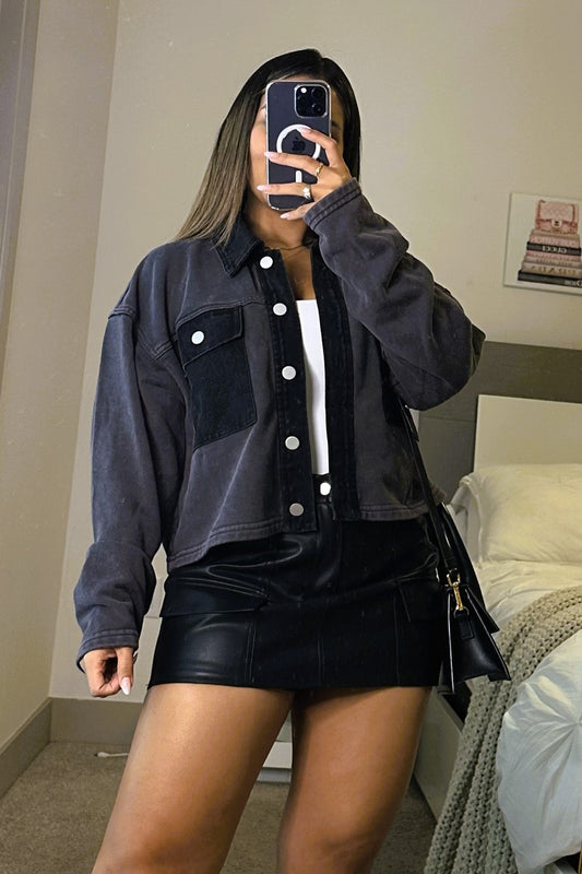 Cropped washed black denim jacket