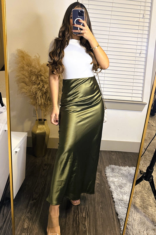 Waist elastic Midi Satin skirt Olive