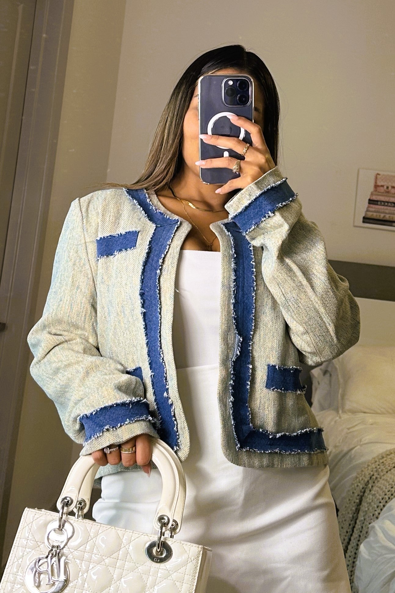 Denim trim tweed jacket