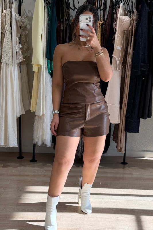 Tube top and short leather set brown