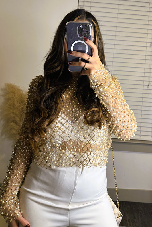 Pearl embellished mesh top