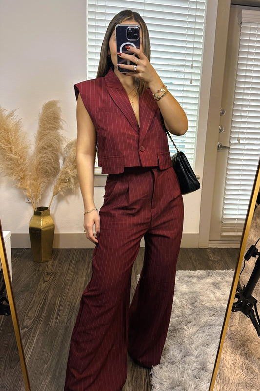 Burgundy cropped vest and high waist pant