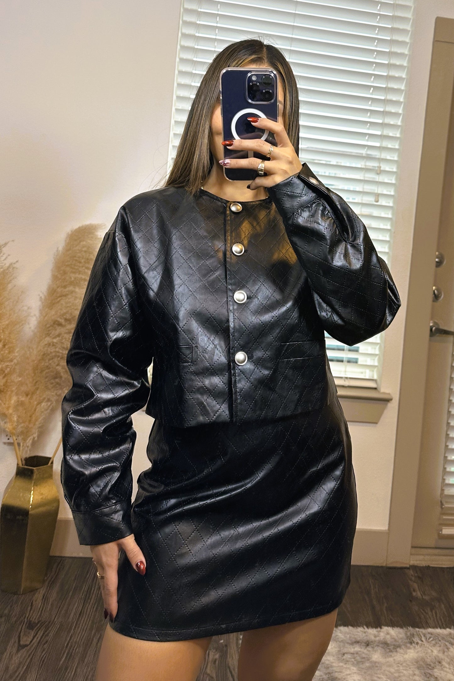 Faux leather jacket and mini skirt black