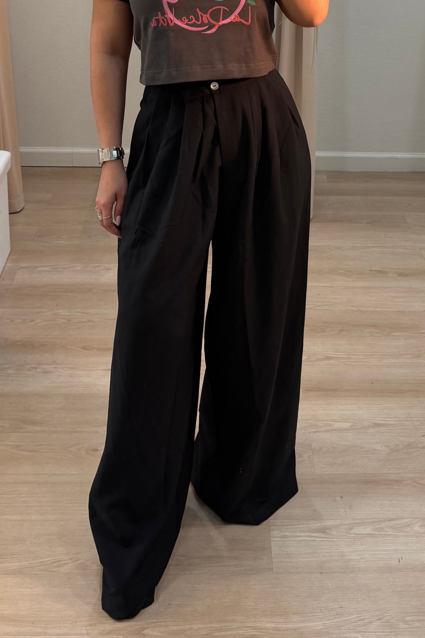 Pleated detail wide pant Black