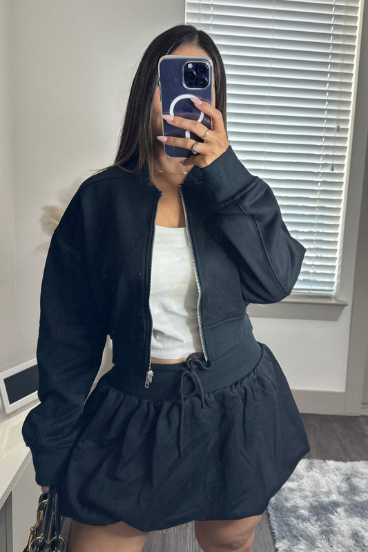 Hood zip up bubble skirt set black