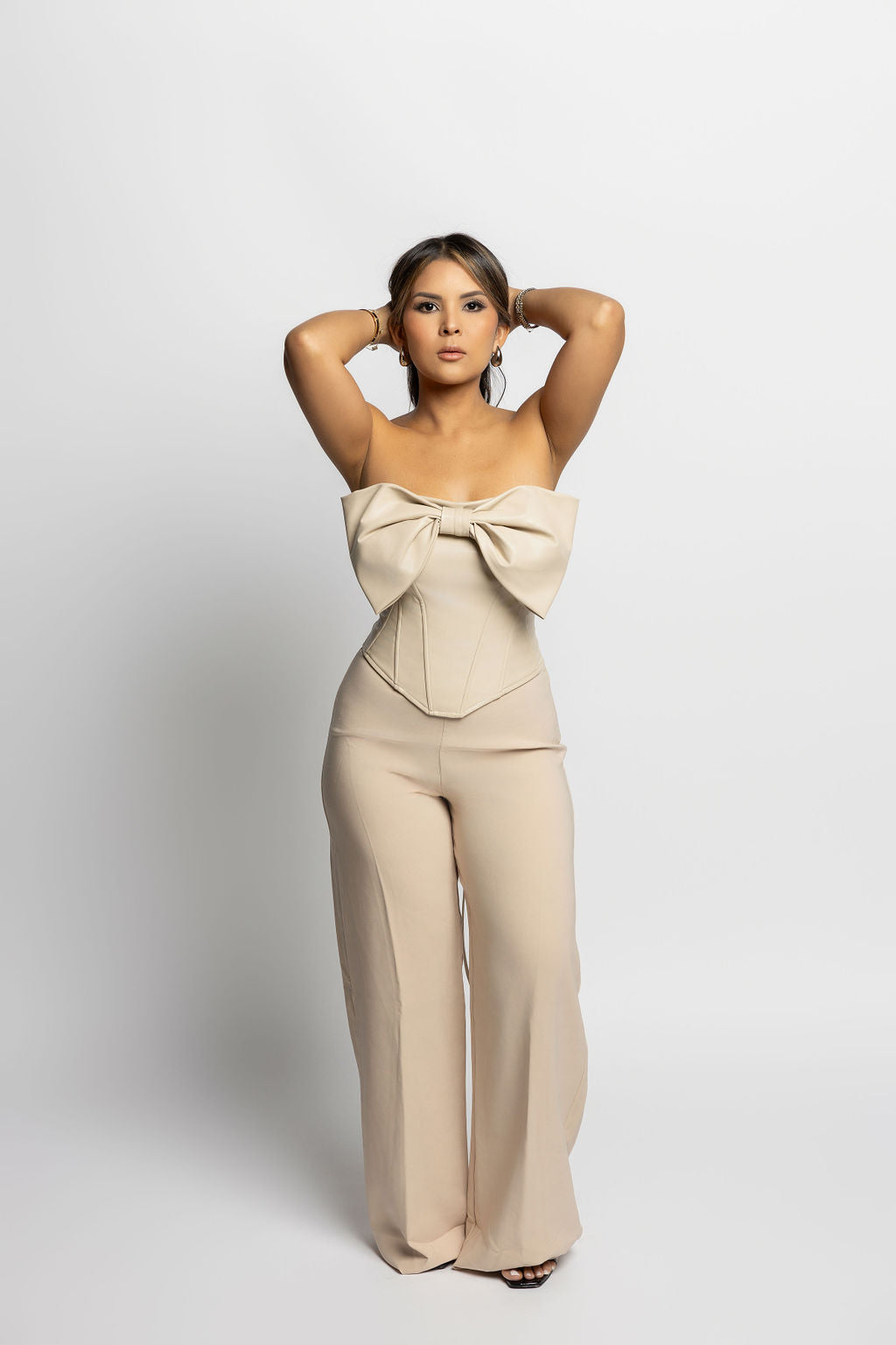 Leather top and wide pant nude JUMPSUIT