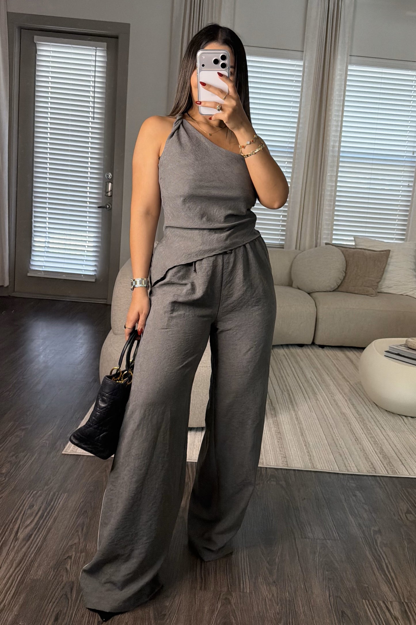 One shoulder stripe top and stripe pant