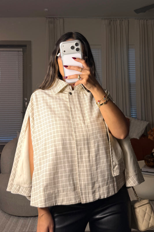 Ginghan poncho top cream brown
