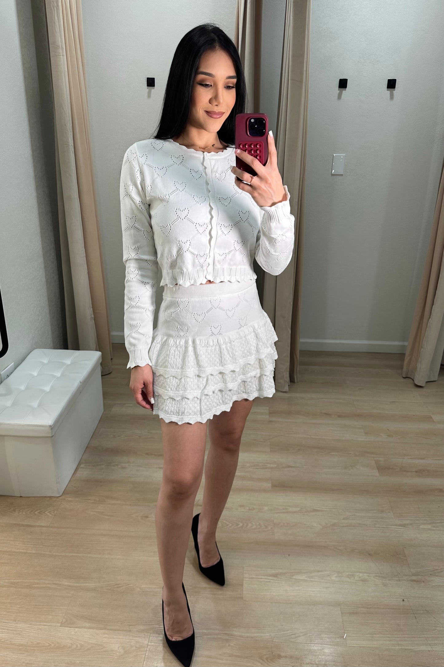 Heart Cardigan and mini skirt set off white