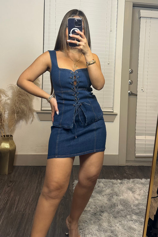 Denim lace up corset and mini skirt