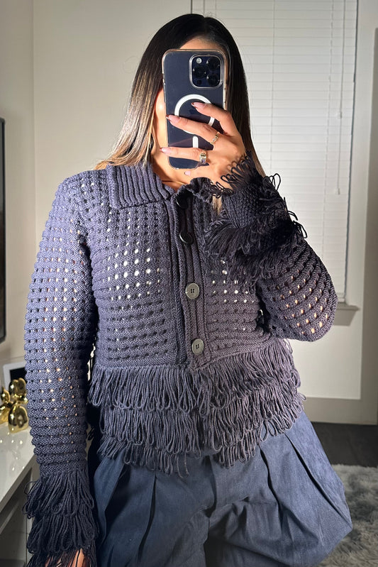 Fringe Detailed navy Cardigan