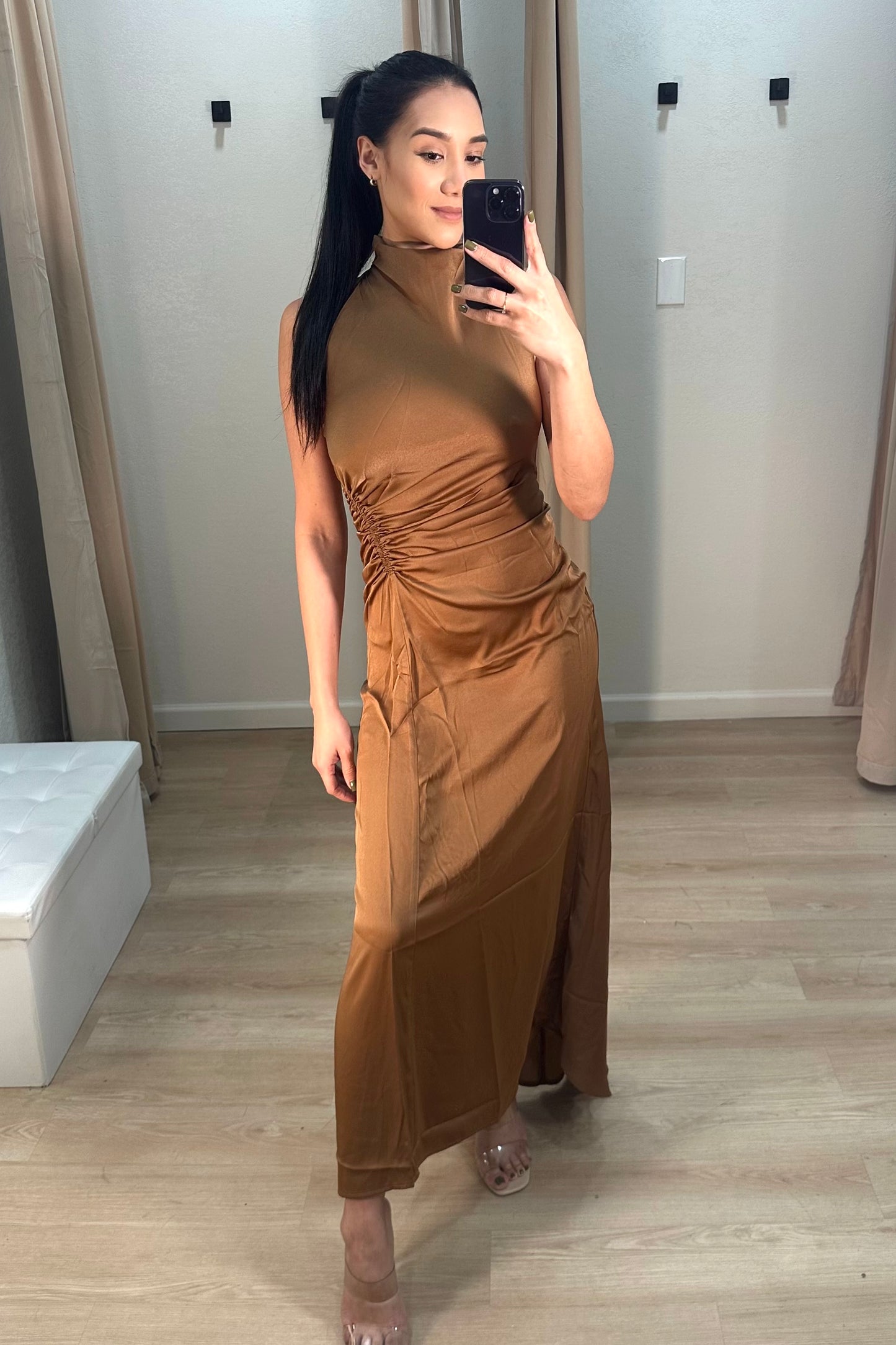 Shirring maxi dress mocha