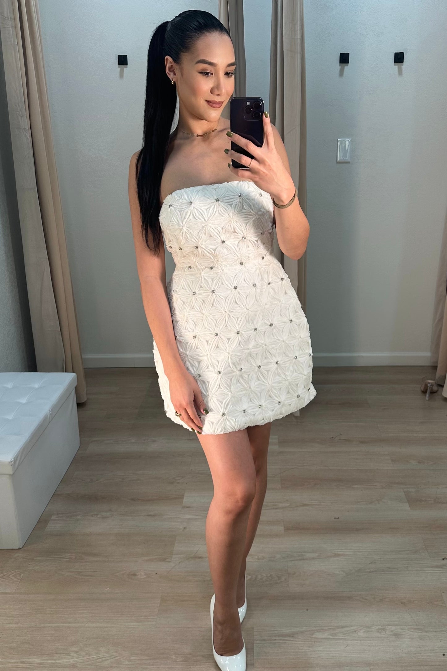 3D Floral mini dress cream