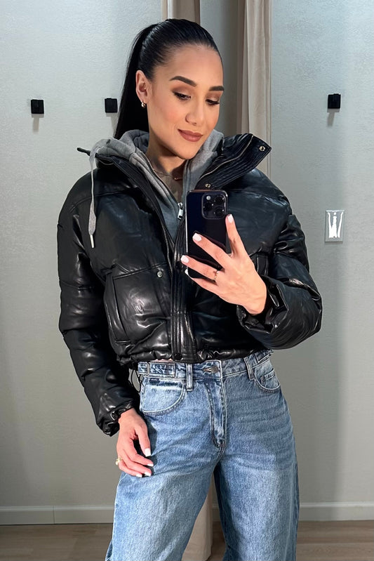 Grey Hoodie and leather jacket